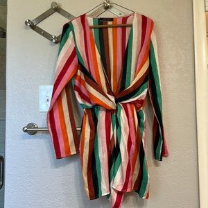 Long sleeve colorful striped wrap dress